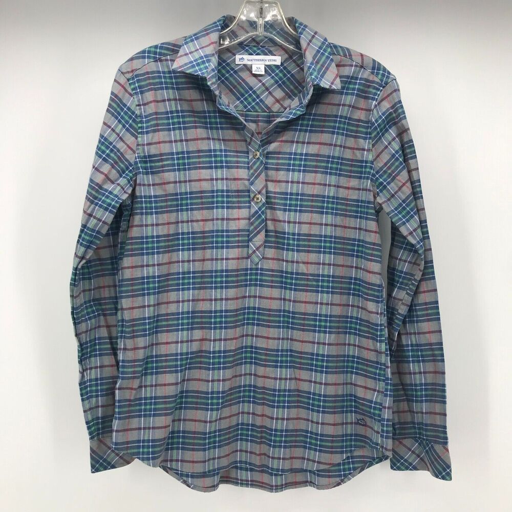 Southern Tide Pullover Top Womens XS Gray Blue Plaid Long Sleeve Quarter Button